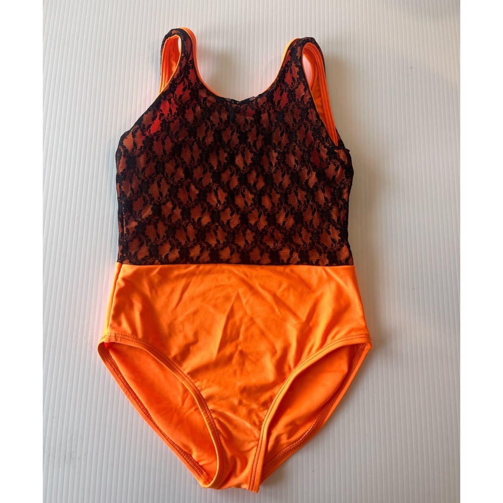 Orange (bright) and black dance leotard (child large)